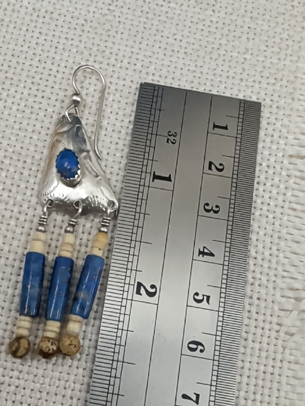 Vintage Sterling 925 Lapis Southwestern Fringe Long Drop Earrings Boho 1990s - Picture 14 of 17